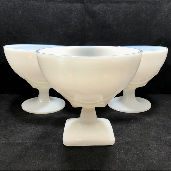 3 MILK GLASS PEDESTAL BOWLS/CANDY DISHES. 2 ROUND BOTTOM/1 SQUARE BOTTOM - Picture 2 of 13